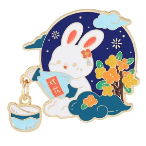 Cute cartoon rabbit enamel pin with blue tea cup pendant and osmanthus moon scene