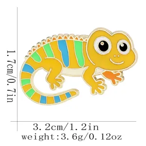 Detailed dimensions of a cute yellow chameleon enamel pin with green and blue stripes