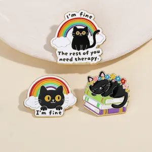 Cute Cartoon Black Cat Enamel Brooch Pin Humorous Quote I'm Fine Rainbow Cat Metal Badge For Backpack Clothes Accessory