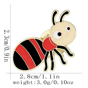 Cartoon ant enamel pin dimensions showing 2.8cm width and 2.3cm height with weight specs