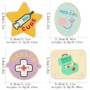 Creative medical enamel pins featuring stethoscope and ambulance with dimensions and weight