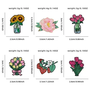 Set of 6 colorful floral enamel pins featuring tulip and peony designs with dimensions