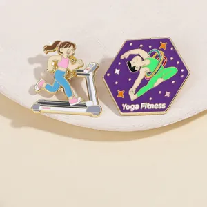 Broches en émail fitness avec motifs de course et yoga sur un plateau texturé
