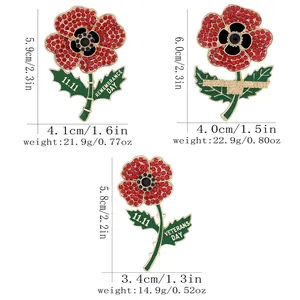 Poppy flower memorial brooches with red crystals and Remembrance Day engraving