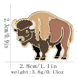 Cartoon yak enamel pin with golden metal edges and product size specifications