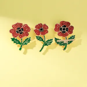 Detail of crystal poppy brooches with red rhinestones and Remembrance Day text