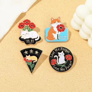 Épingle en Émail Chat de Dessin Animé Fleur de Coquelicot Rouge Lest We Forget Badge en Alliage pour Vêtements Sacs Bijoux Unisexe