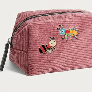 Cartoon ant metal brooches on pink corduroy cosmetic bag with high quality zippers