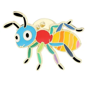 Colorful cartoon ant enamel brooch in vibrant rainbow colors with gold metal plating