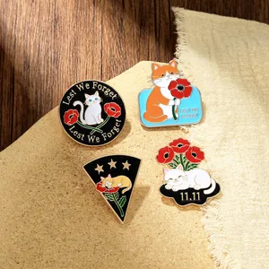 Détail de la broche en émail avec chat et fleur de pavot avec texte Lest We Forget
