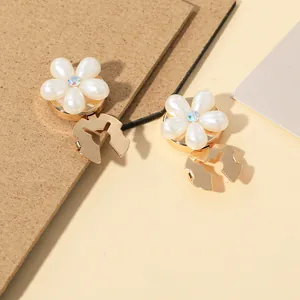 Detailed macro view of elegant pearl flower collar buttons with sparkling rhinestone centers