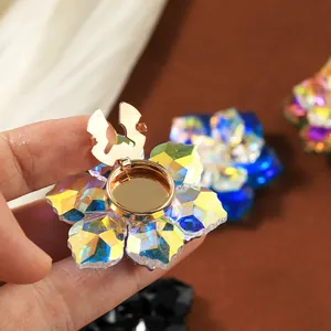 Crystal flower decorative button with iridescent AB coating and golden metal clip back