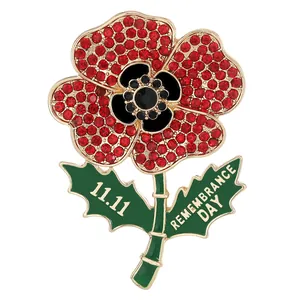Remembrance Day red poppy brooch with crystal rhinestones and 11.11 leaf engraving