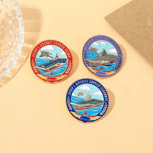 Detailed set of three military aircraft carrier enamel pins including Fujian and Liaoning ships