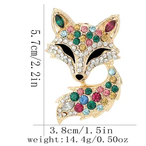 Colorful rhinestone fox brooch in gold alloy setting, size 5.7x3.8cm, weight 14.4g