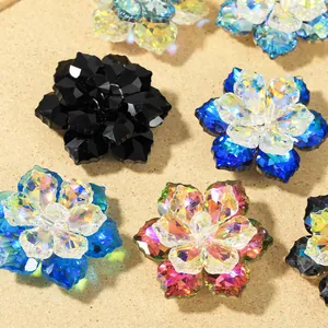 Macro detail of multilayer crystal flower buttons with iridescent and gradient finishes