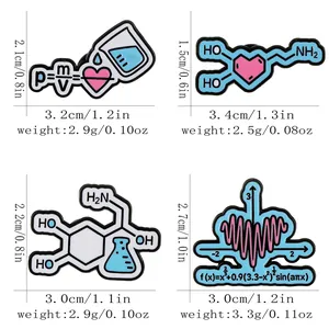 Creative enamel science pins set featuring math and chemistry formulas on white background