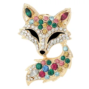 Creative fox brooch with colorful rhinestones on a gold-plated base for sweaters