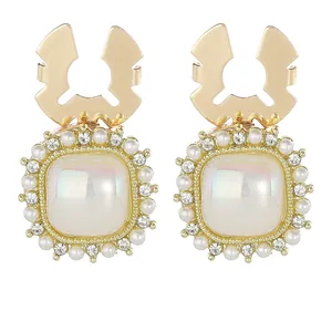 Elegant gold square mother of pearl earrings with rhinestones and white pearls detail