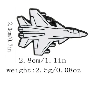 Detailed view of enamel fighter plane brooch with size and weight measurement labels