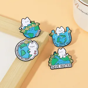 Mignonne Broche en Émail de Protection de l'Environnement Chat de Dessin Animé Économiser l'Eau Terre Amour Strass Alliage pour Sac Vêtements