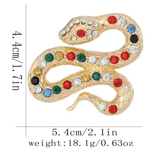 Spilla a forma di serpente dorata con strass colorati, misura 5,4cm x 4,4cm