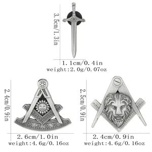 Detailed dimensions of Masonic metal lapel pins featuring lion, sword, and square motifs