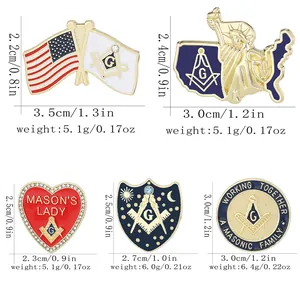 Detailed view of Masonic badges with American flag and Mason Lady heart design on gold base