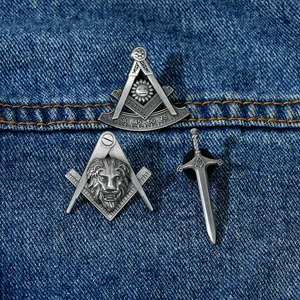 Vintage Alloy Masonic Brooch Pin Lion Head Sun Compass Sword Badge For Men Women Suit Shirt Accessories