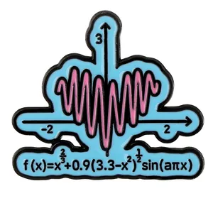 Creative math formula enamel pin featuring a pink heart graph on a sky blue background