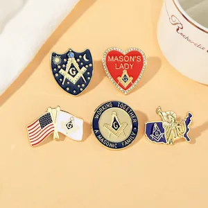 Masonic Enamel Brooch Pin Alloy Badge American Flag Heart Shield Mason Lady Decorative Lapel Pin For Unisex Jewelry Accessory