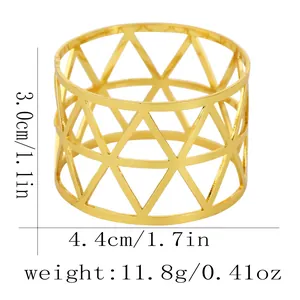 Detailed view of golden triangle hollow metal napkin ring with size dimensions