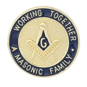 Detail of Masonic emblem pin with blue enamel, gold plating and Working Together slogan