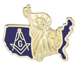Detail of Masonic emblem with Statue of Liberty on USA map lapel pin badge