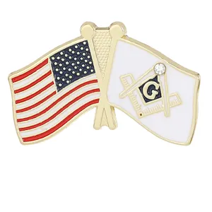 Detail of Freemasonry flag and American flag pins with a rhinestone and gold finish