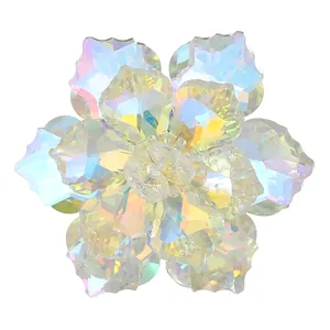 Detailed macro of iridescent crystal flower button with multifaceted petals and AB finish