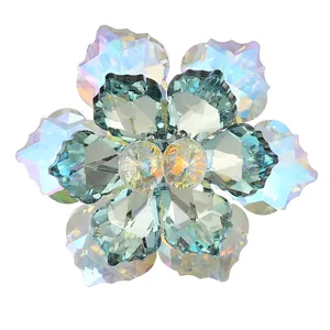 Detail macro shot of crystal flower button with lake blue and neon iridescent facets