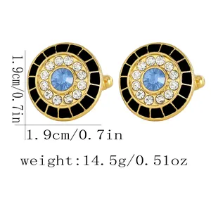 Evil eye cufflinks for men with blue stone and crystals in gold finish, 1.9cm diameter