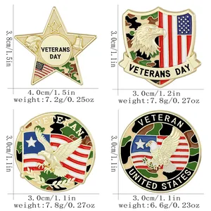 Detailed views of veteran eagle pins with patriotic camouflage and US flag designs