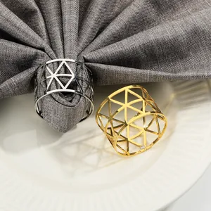 Elegant geometric hollow napkin ring set in gold and silver metal finishes for table decor