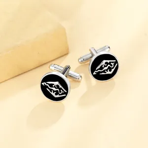 Boutons de manchette élégants pour hommes en argent avec émail noir et motif de montagne