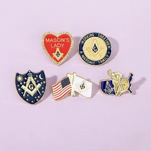 Five-piece Freemasonry enamel pin set featuring Mason's Lady and American flag designs
