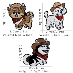 Detailansicht von Comic-Hunde-Emaille-Pins mit Cowboyhut und Größenangaben zum Produkt