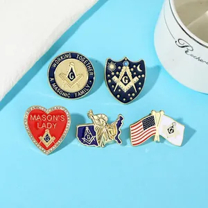 Five Masonic enamel pins set featuring G-compass emblem and US flag in gold finish