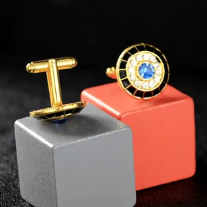 Elegant gold evil eye cufflinks with blue stone and crystals for men's formal shirts
