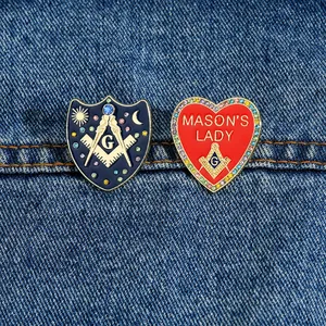 Set of Freemasonry symbols and Mason's Lady heart lapel pins with enamel and rhinestones