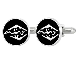 Boutons de manchette homme argentés avec émail noir et motif de montagne blanc