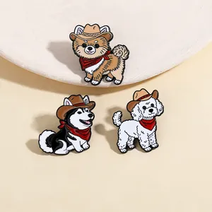 Set mit drei Hunde-Emaille-Pins mit Husky und Pudel im Cowboy-Stil für Kleidung