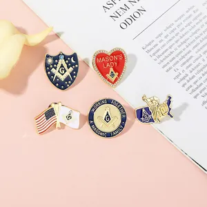 Five-piece Masonic enamel brooch set with gold plating and blue American flag motifs
