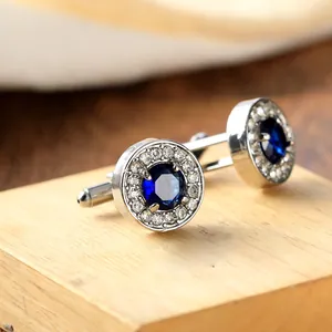 Elegant men's silver cuff links with round blue zircon and micro-pave crystal halo